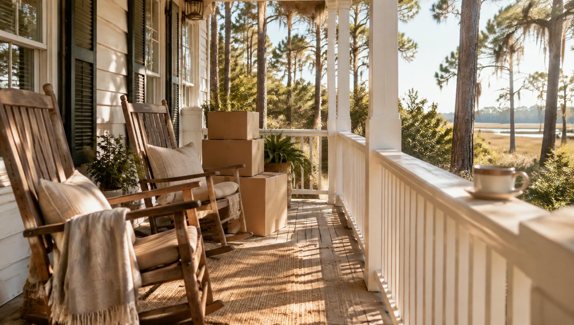 Shaded Lowcountry porch with rocking chairs under live oaks