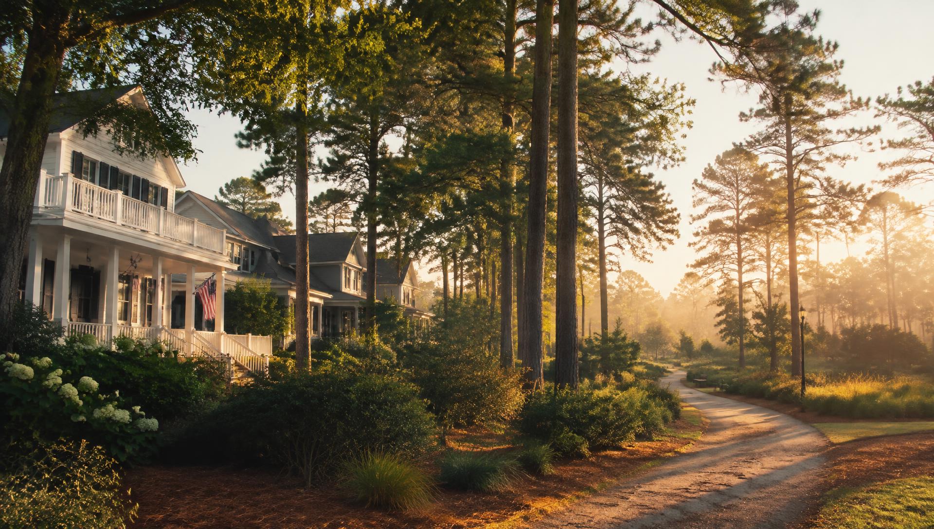 White Lowcountry porches framed by tall longleaf pines at golden hour